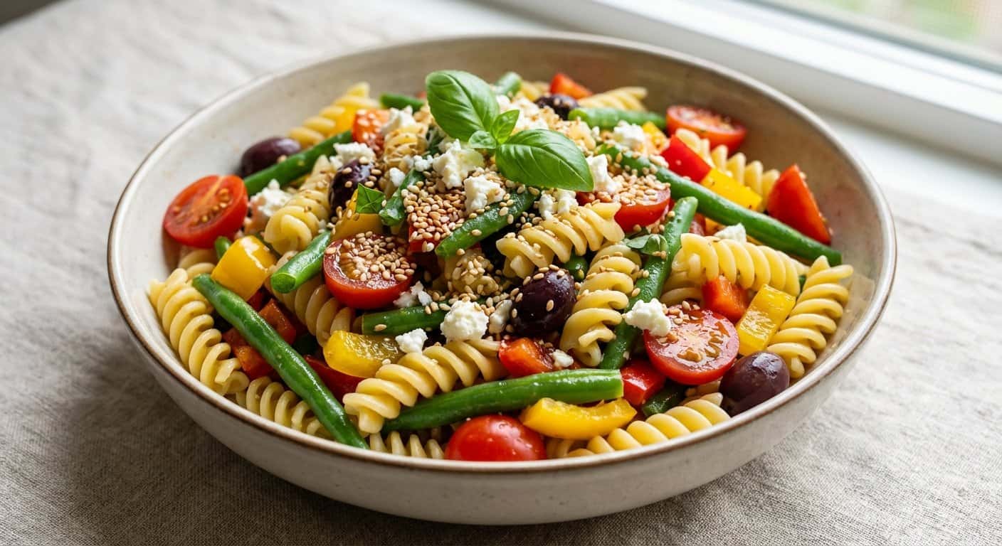 Ensalada de pasta mediterránea con judías verdes y semillas de sésamo