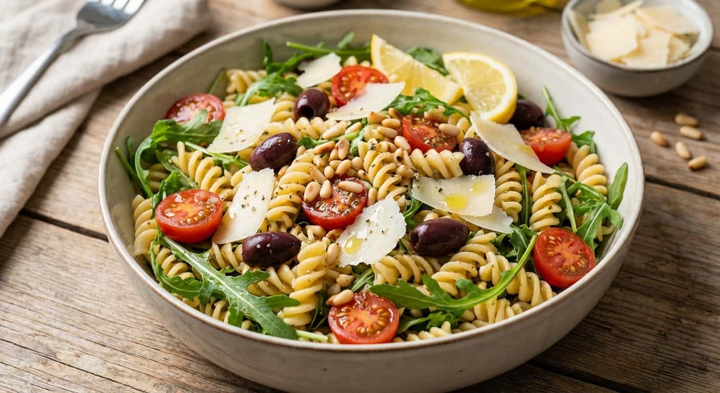 Ensalada de Pasta Mediterránea con Rúcula y Parmesano Ligero