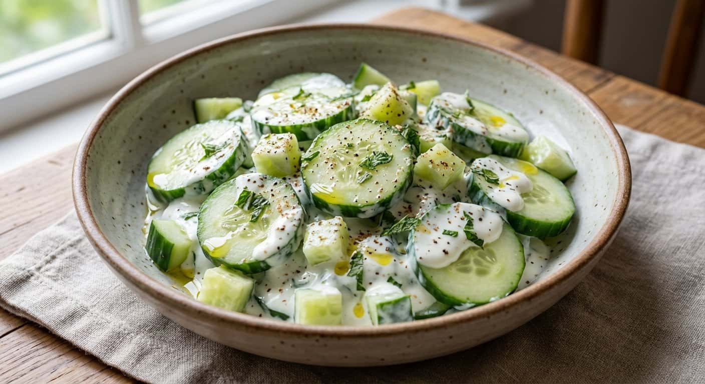 Ensalada de Pepino, Menta y Yogur con Nuez Moscada