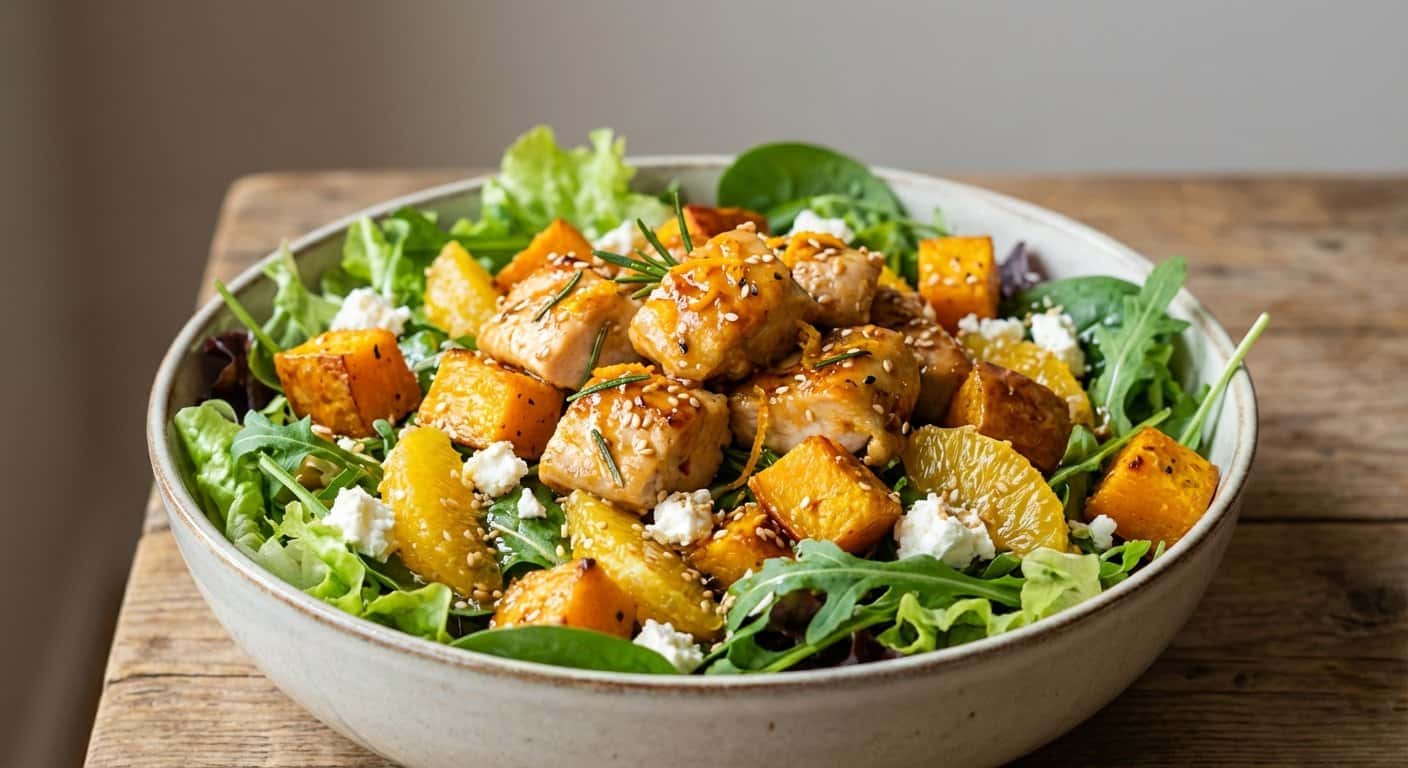 Ensalada de pollo a la naranja con calabaza y semillas de sésamo