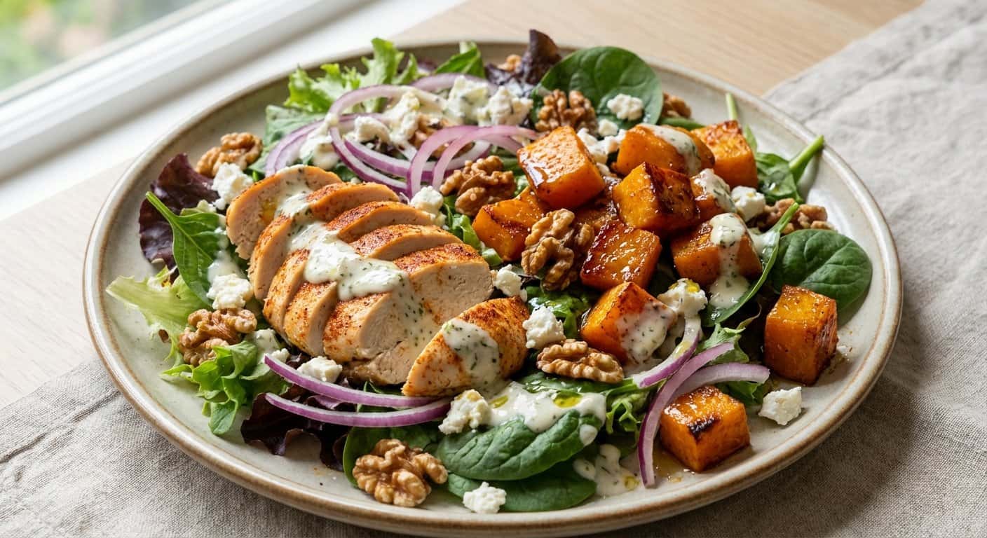 Ensalada de Pollo Asado con Calabaza y Vinagreta de Yogur