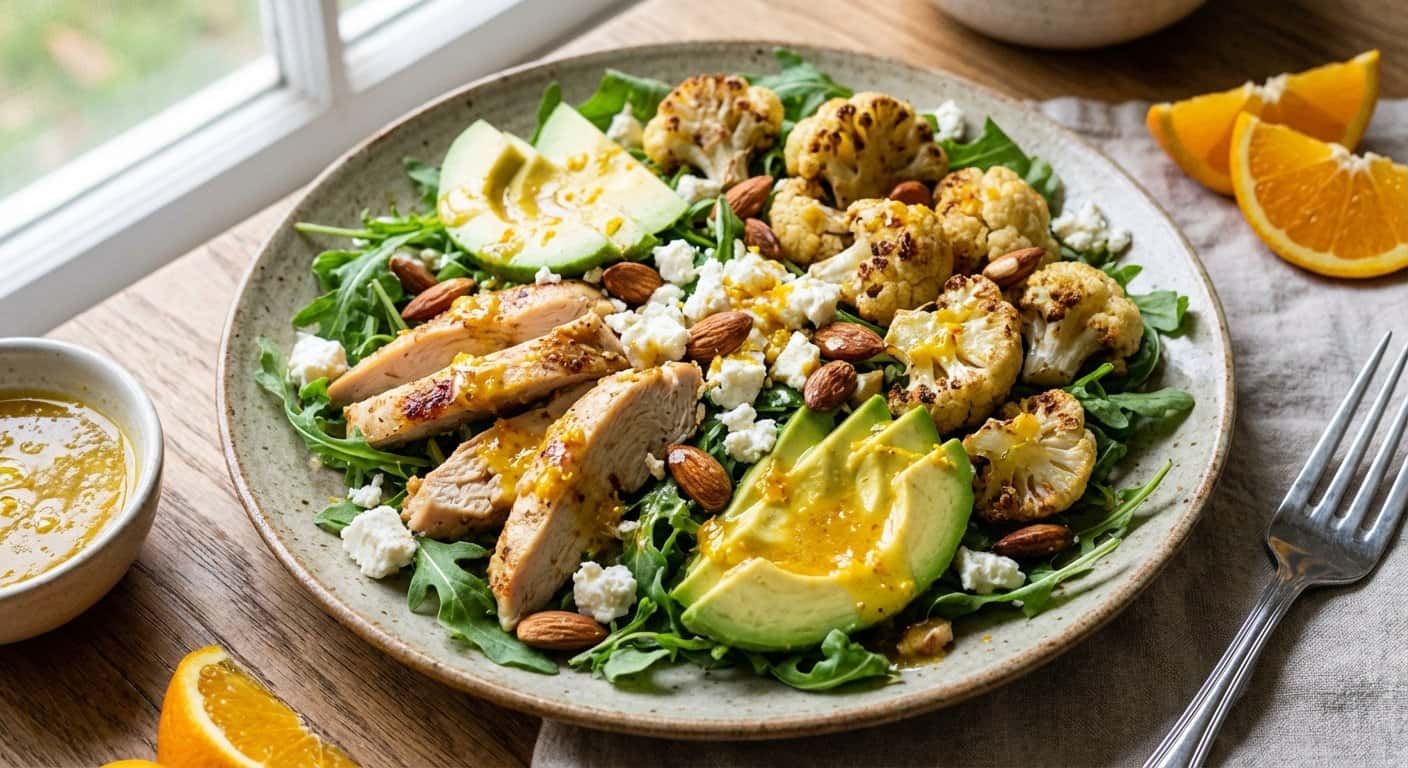Ensalada de Pollo Asado con Coliflor y Vinagreta de Naranja