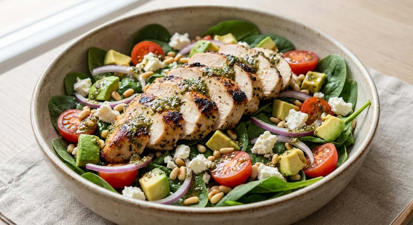 Ensalada de Pollo Asado con Espinacas y Vinagreta de Hierbas