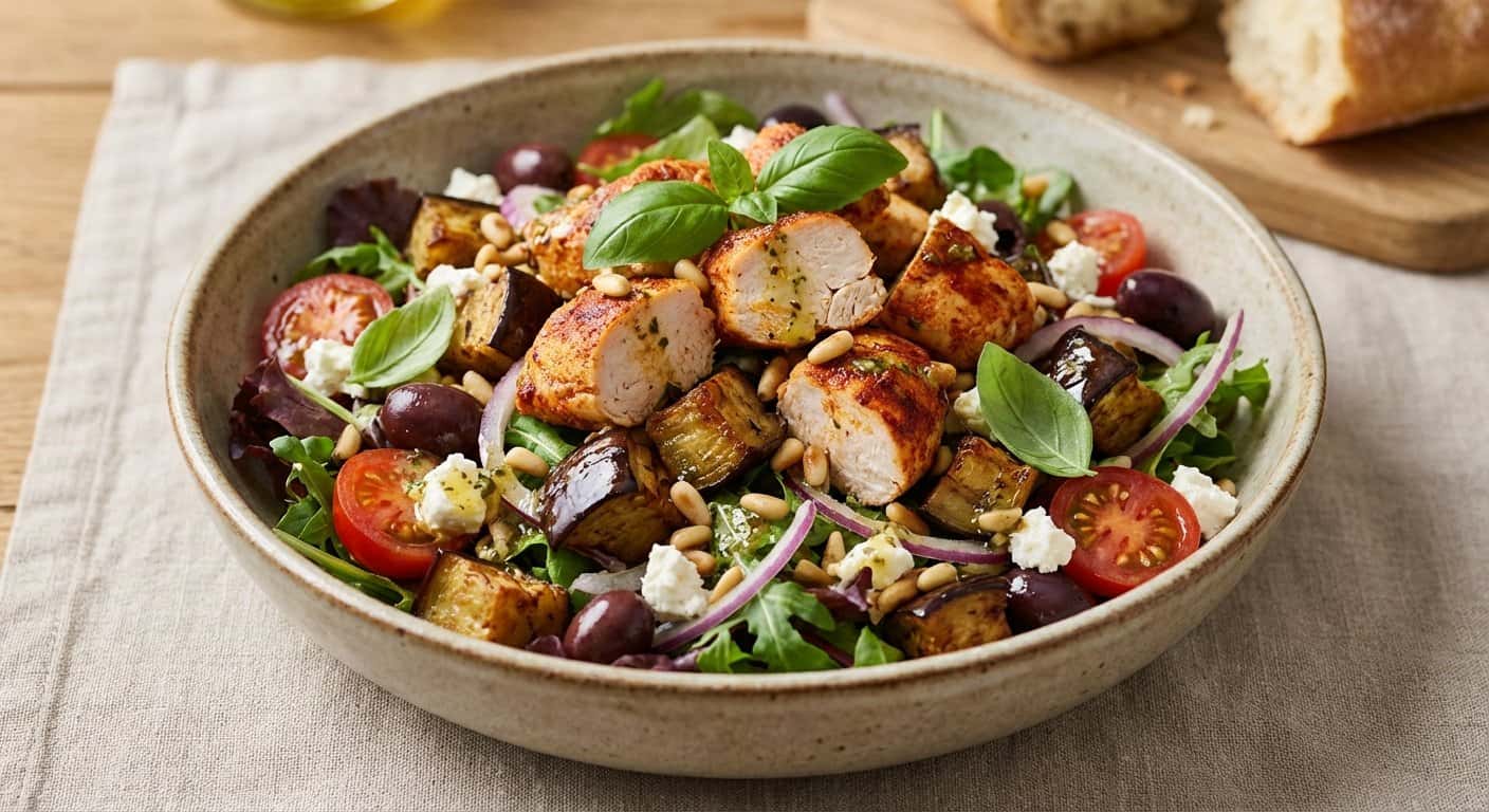 Ensalada de Pollo Casero con Berenjena y Aceitunas