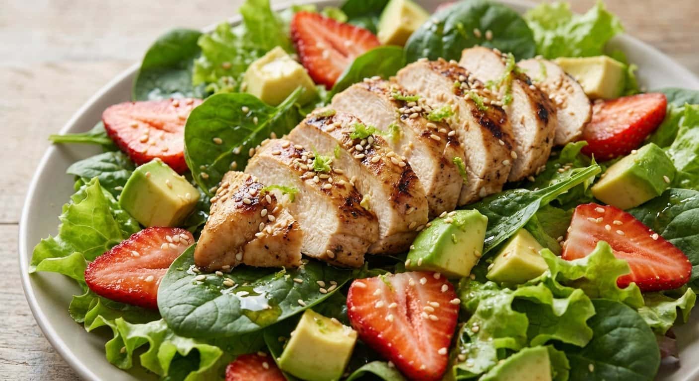 Ensalada de Pollo con Fresas y Semillas de Sésamo