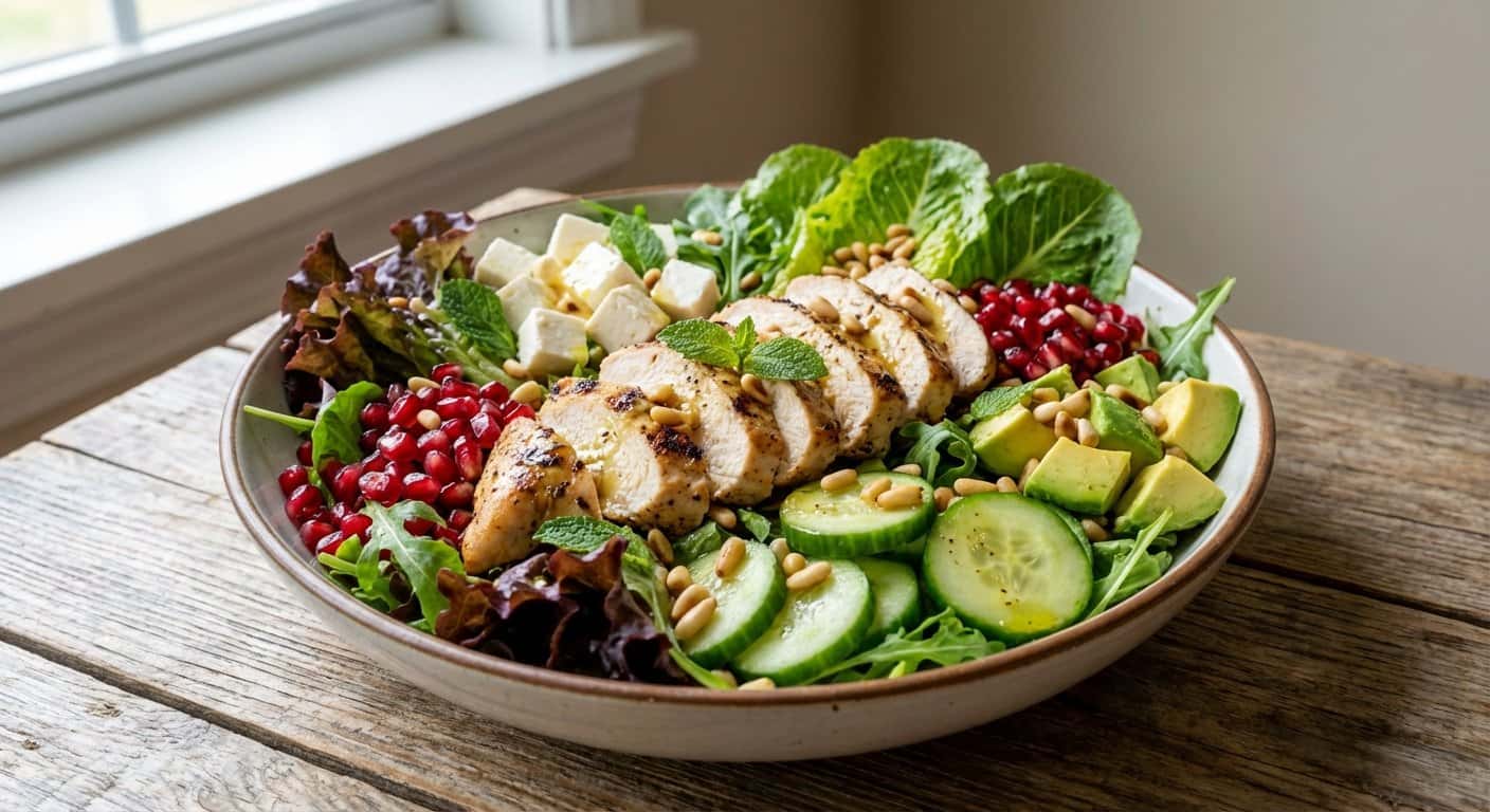 Ensalada de Pollo con Granada y Queso Fresco
