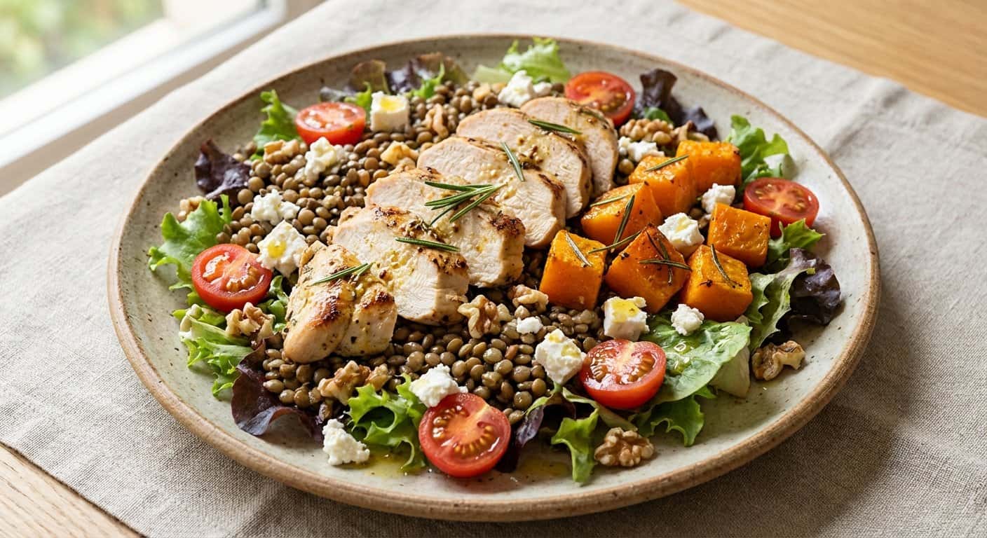 Ensalada de Pollo con Lentejas y Calabaza
