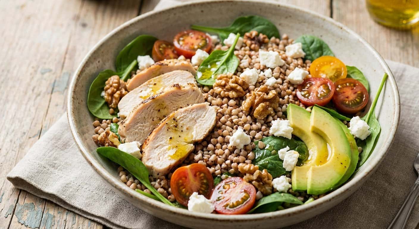 Ensalada de pollo con trigo sarraceno y espinacas