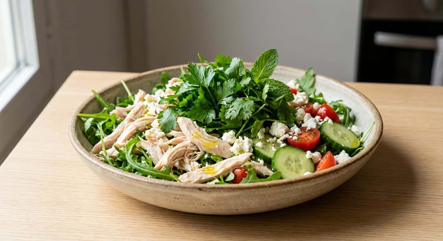 Ensalada de Pollo Desmenuzado con Rúcula y Hierbas Frescas