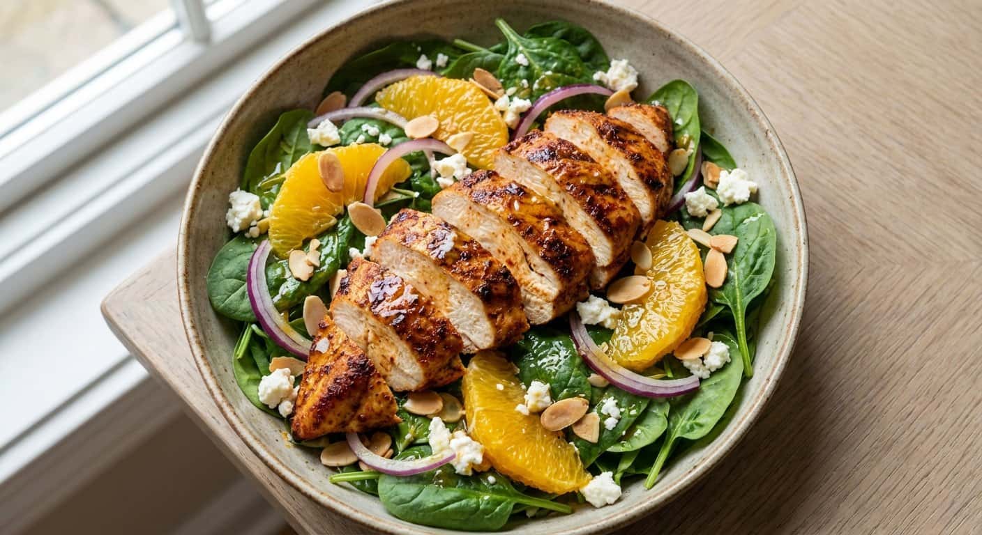 Ensalada de Pollo Especiado con Espinacas y Naranja