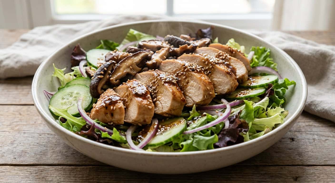 Ensalada de Pollo Marinado con Setas y Semillas de Sésamo