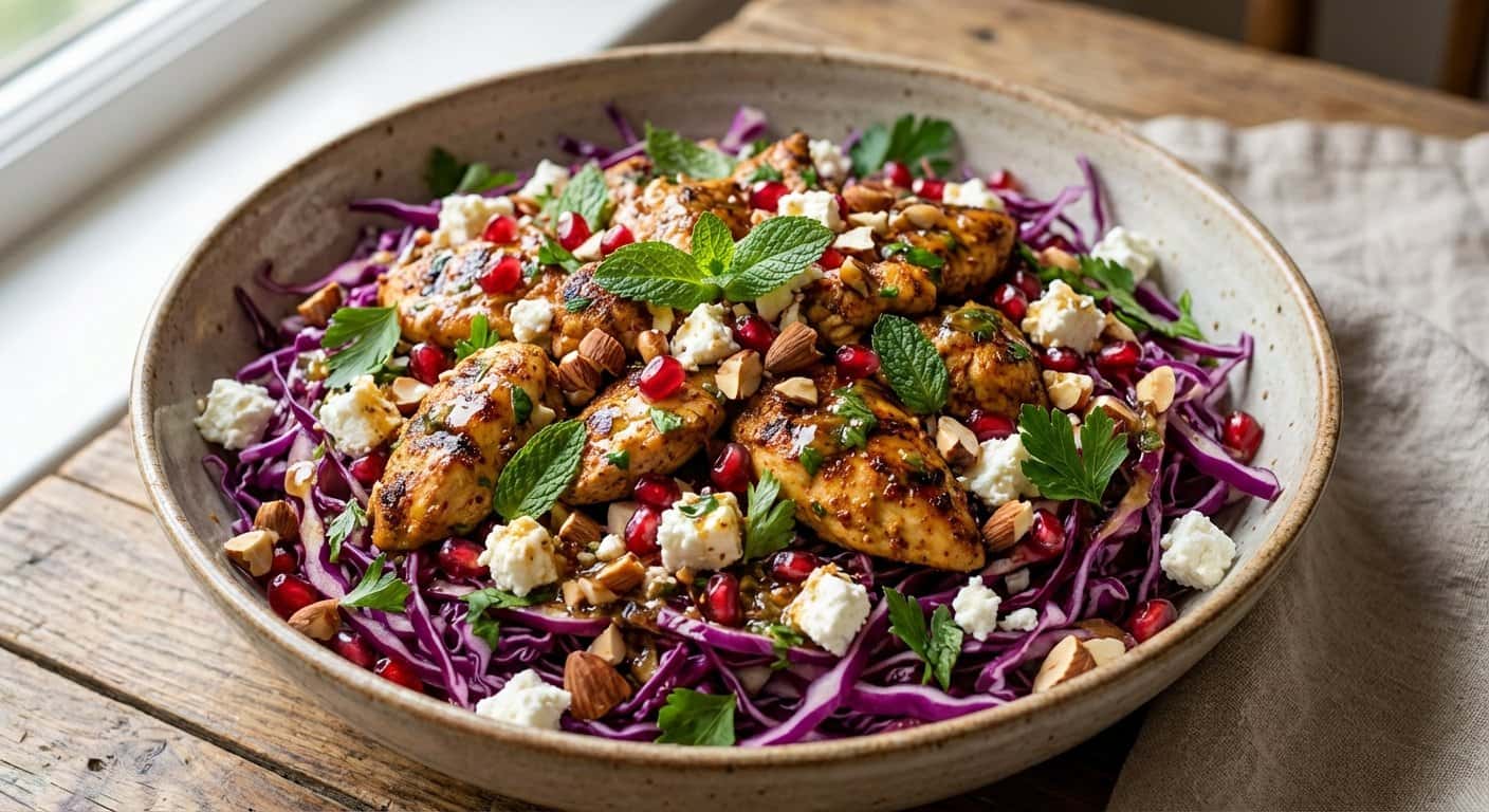 Ensalada de Pollo Marroquí con Col Lombarda y Queso Fresco