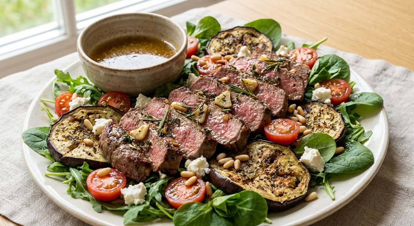 Ensalada de Ternera al Ajillo con Berenjena