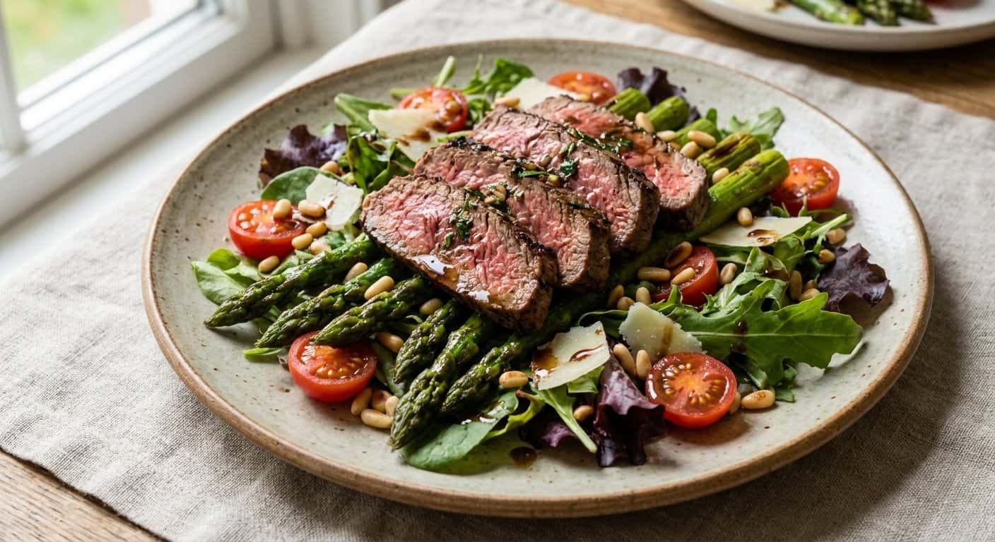 Ensalada de Ternera Marinada con Espárragos y Vinagreta de Vinagre Balsámico