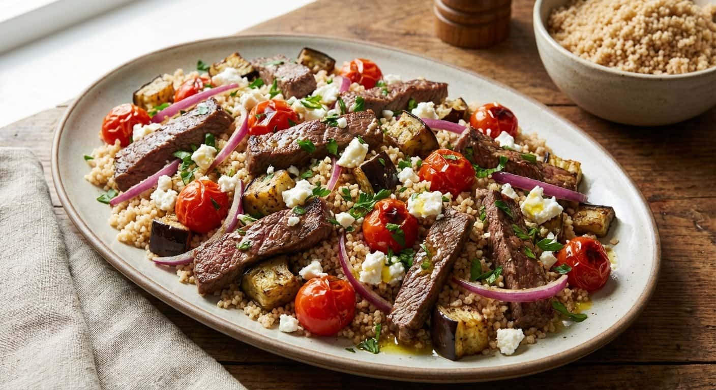 Ensalada de Ternera Salteada con Berenjena y Cuscús Integral