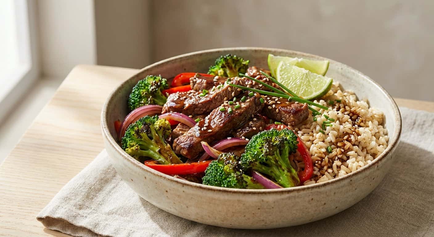 Ensalada de Ternera Salteada con Brócoli y Arroz Integral