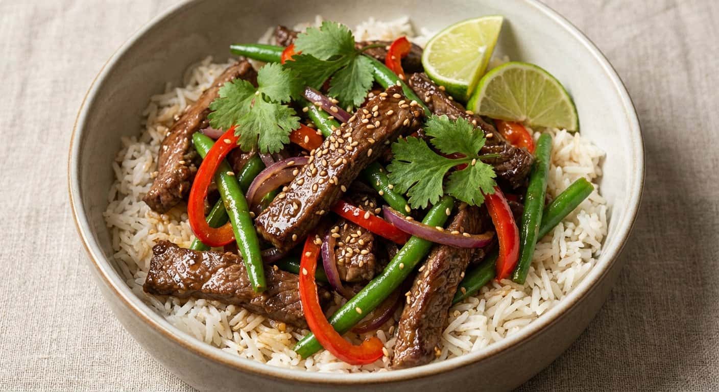 Ensalada de Ternera Salteada con Judías Verdes y Arroz Basmati