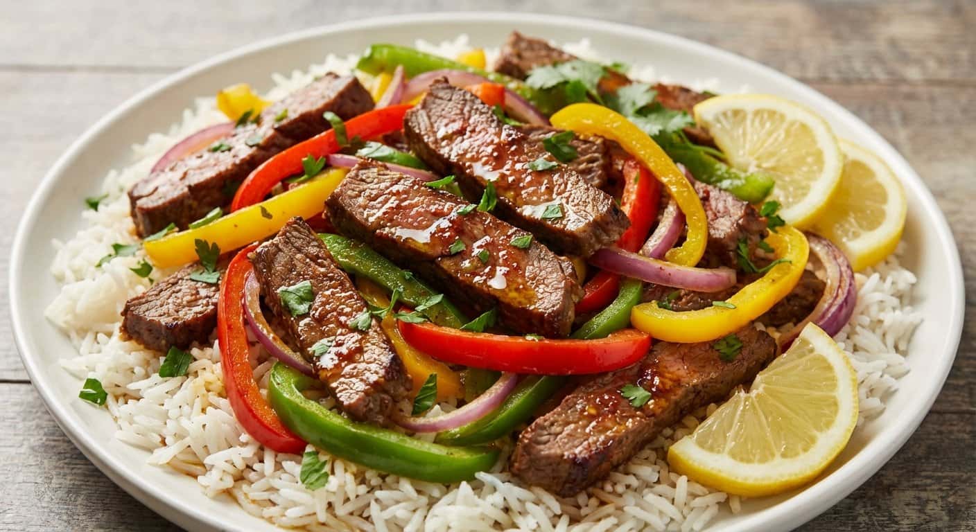 Ensalada de Ternera Salteada con Pimientos y Arroz Basmati