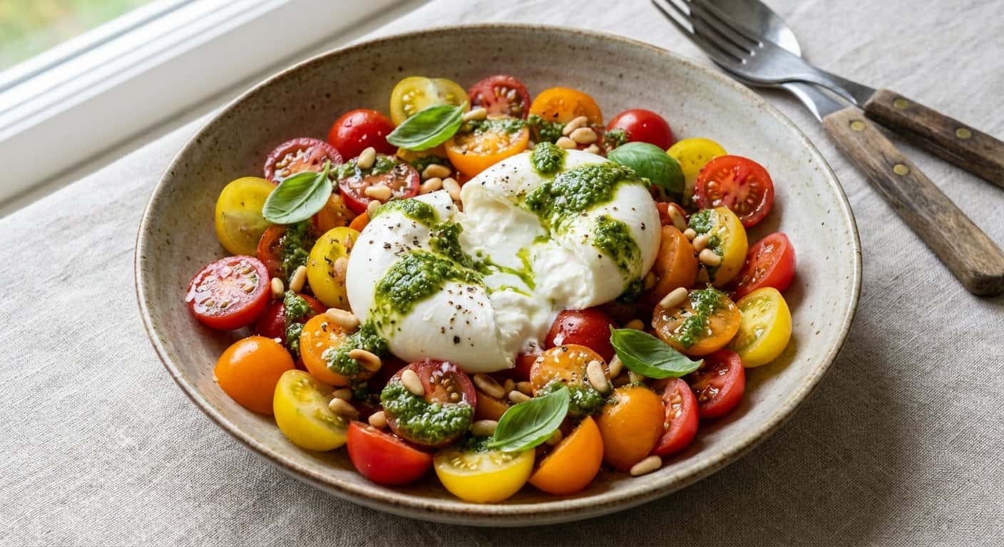Ensalada de tomates cherry y burrata con pesto de albahaca