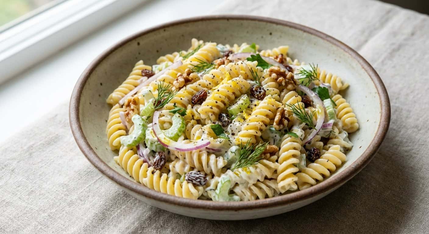 Ensalada fría de pasta con apio y vinagreta de yogur