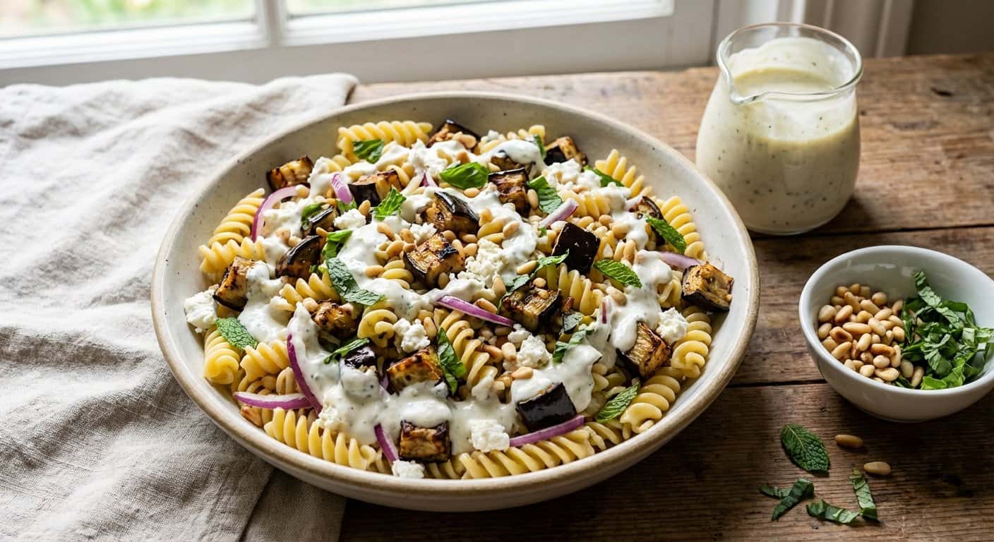Ensalada fría de pasta con berenjena y vinagreta de yogur