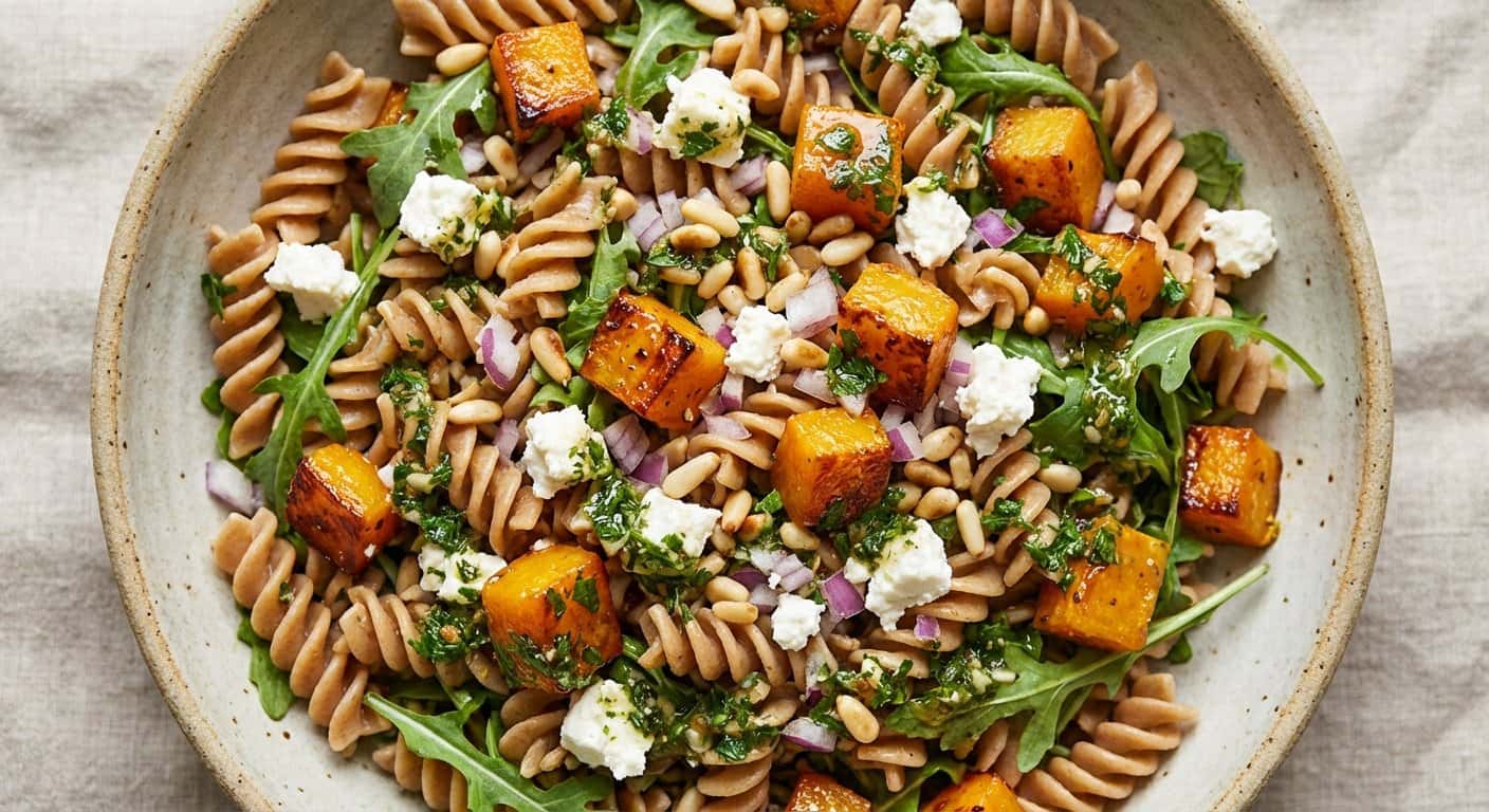 Ensalada fría de pasta con calabaza y vinagreta de hierbas