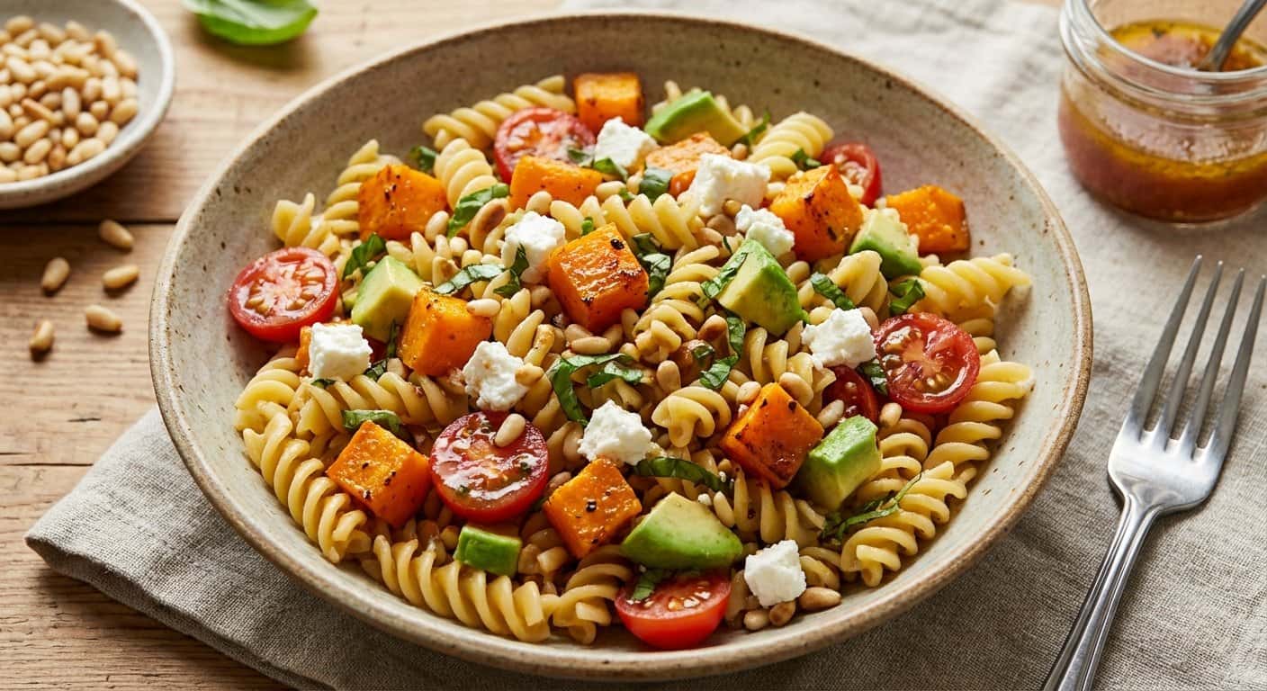 Ensalada fría de pasta con calabaza y vinagreta de tomate