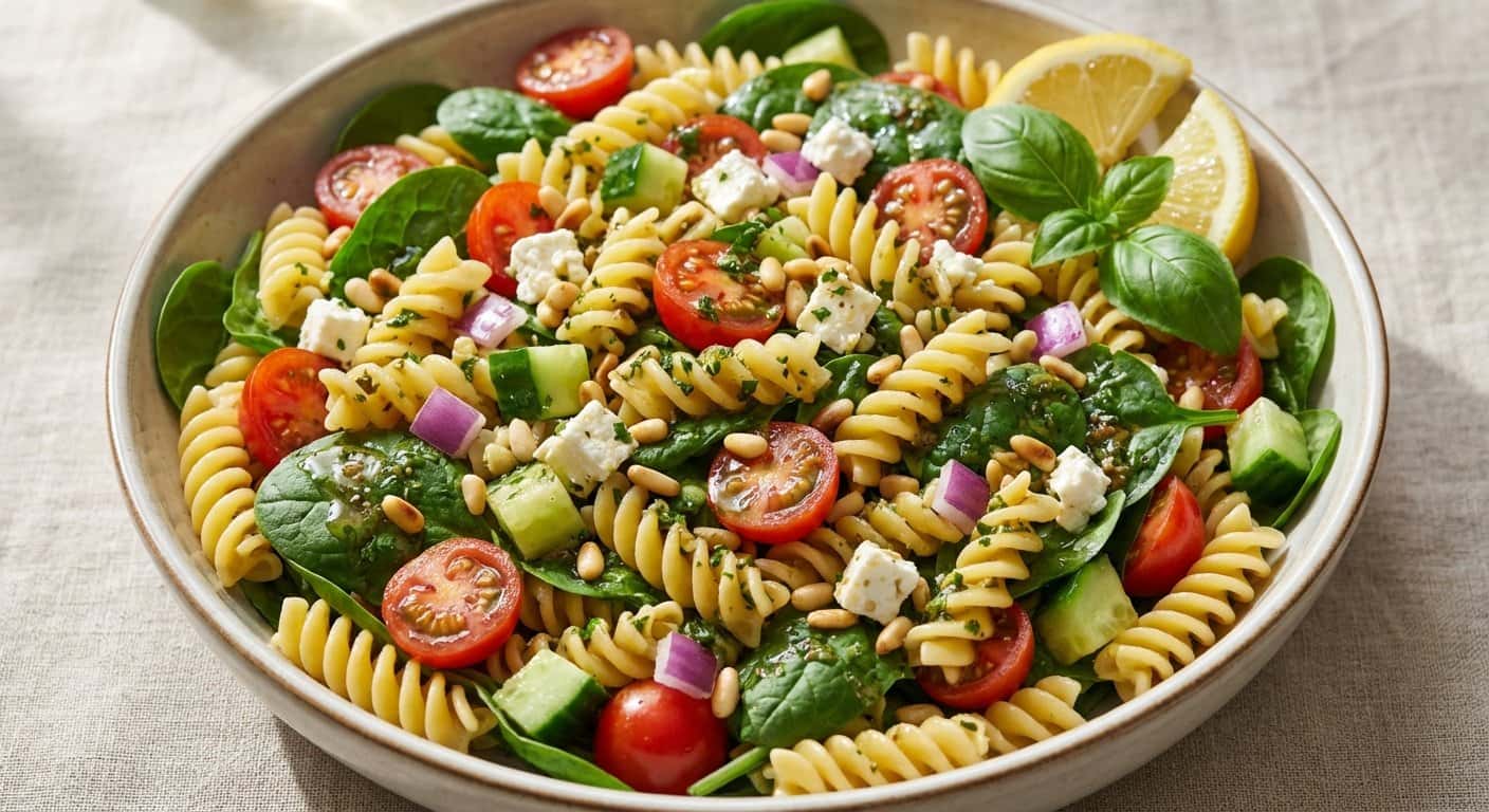 Ensalada fría de pasta con espinacas y vinagreta de hierbas