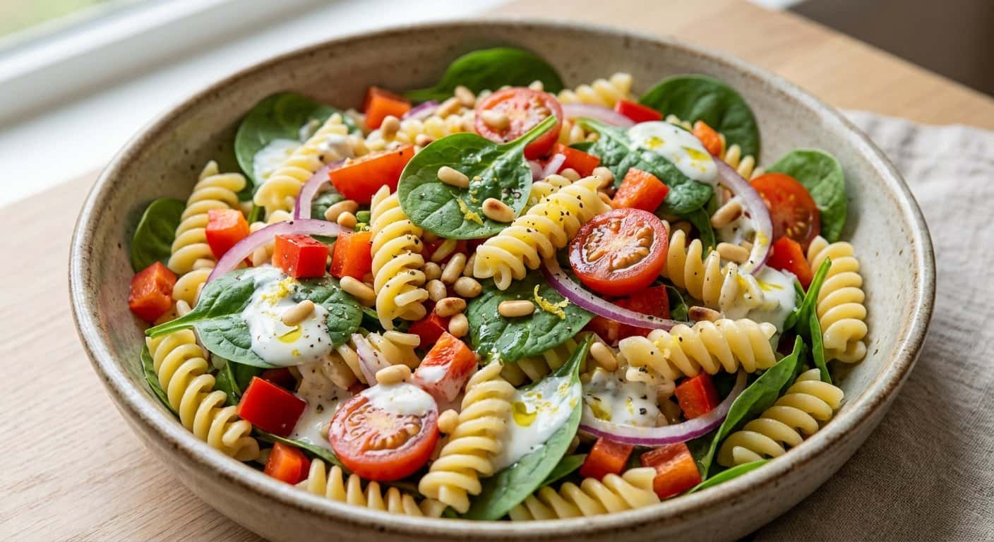 Ensalada fría de pasta con espinacas y vinagreta de yogur