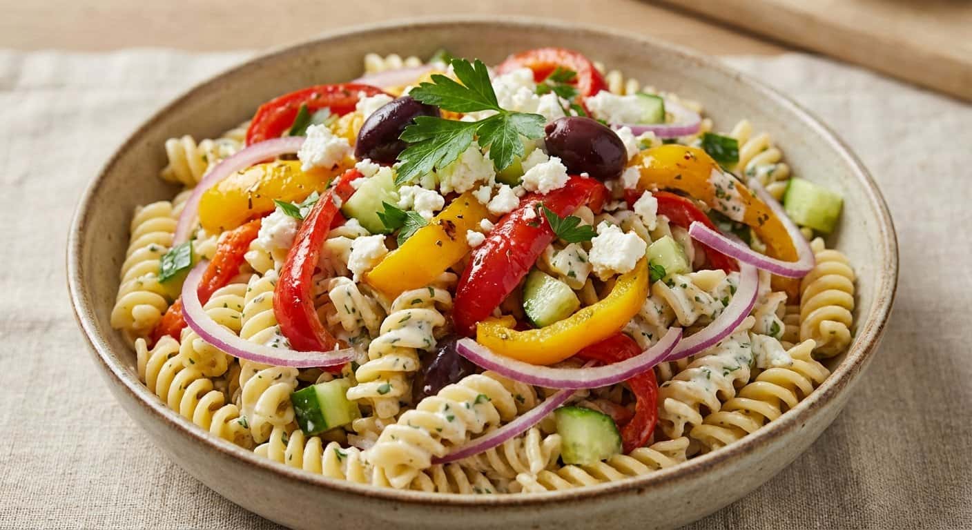 Ensalada fría de pasta con pimientos y vinagreta de yogur