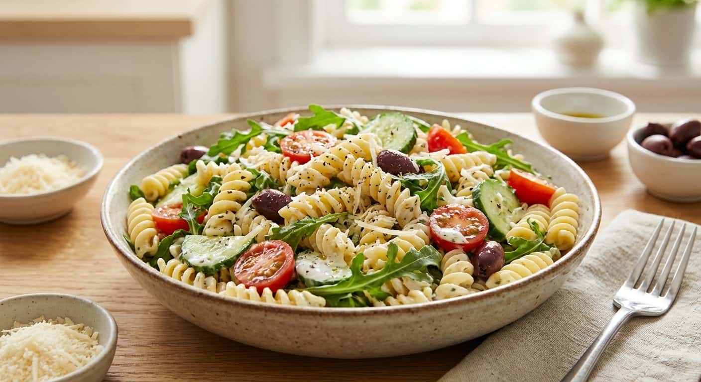 Ensalada fría de pasta con rúcula y vinagreta de yogur