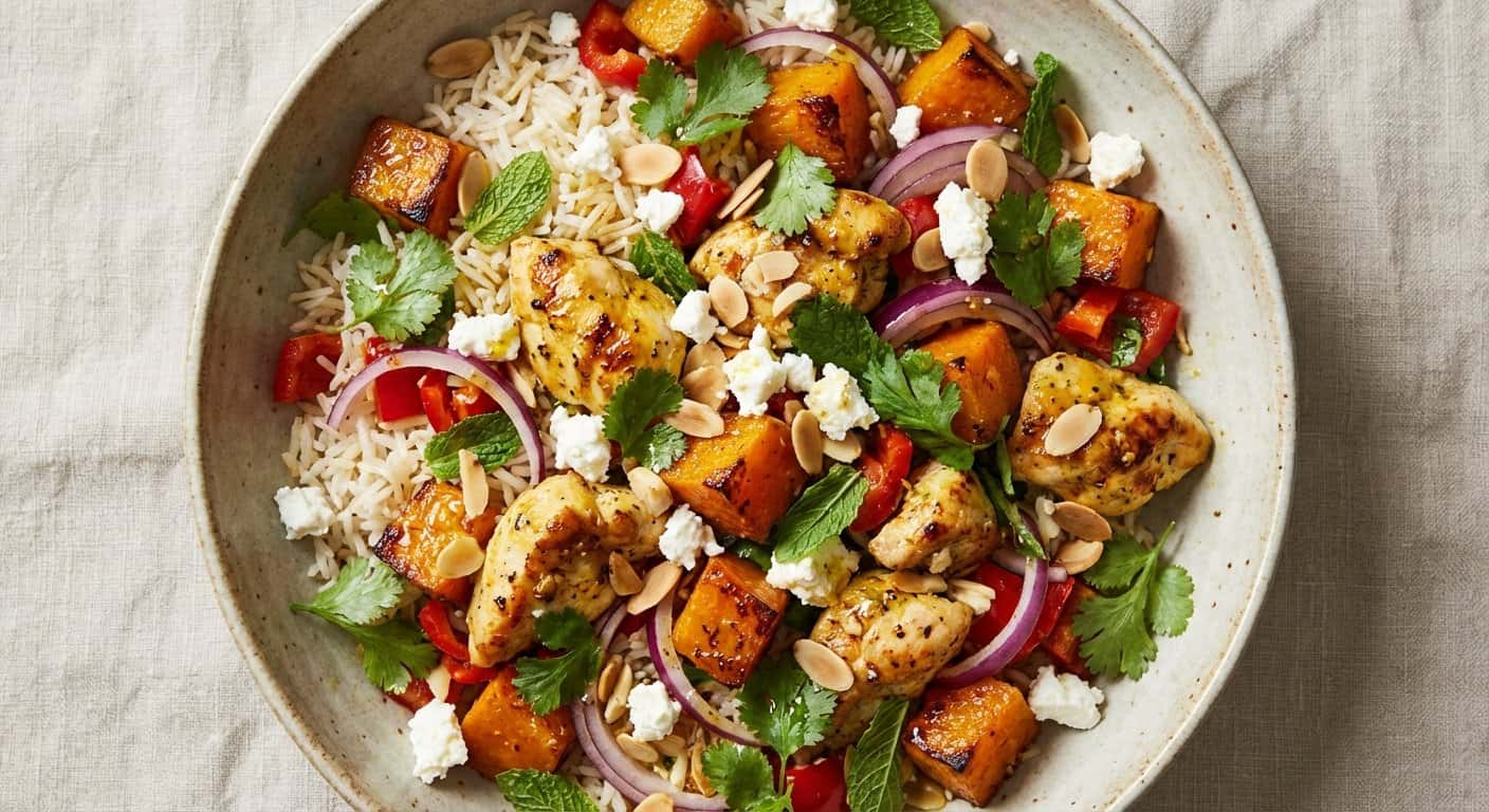 Ensalada fría de pollo con arroz basmati y calabaza