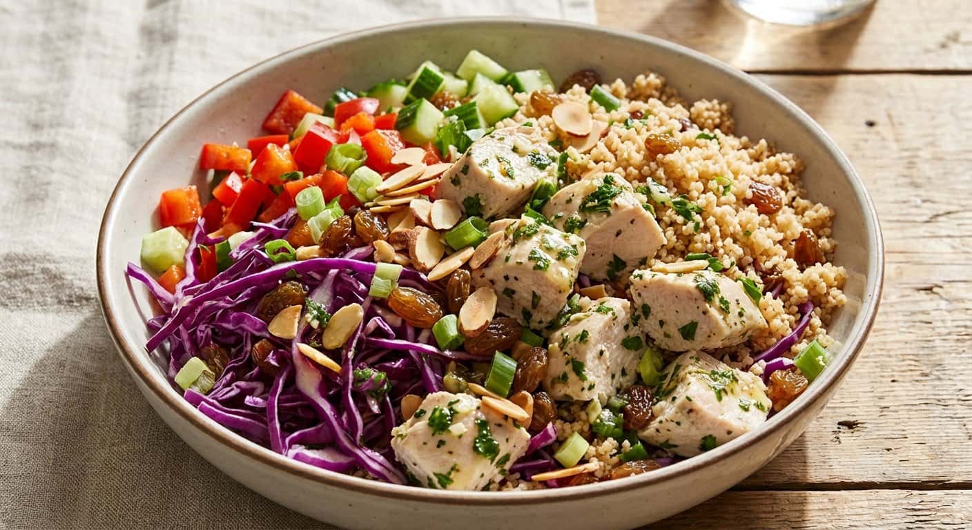 Ensalada fría de pollo con cuscús integral y repollo