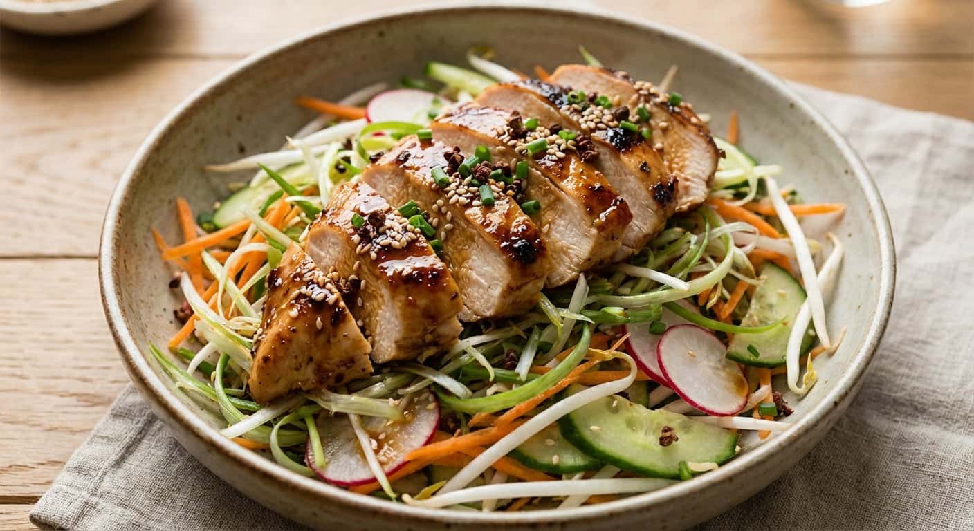 Ensalada Japonesa de Cebolla Tierna con Pollo y Salsa Tare