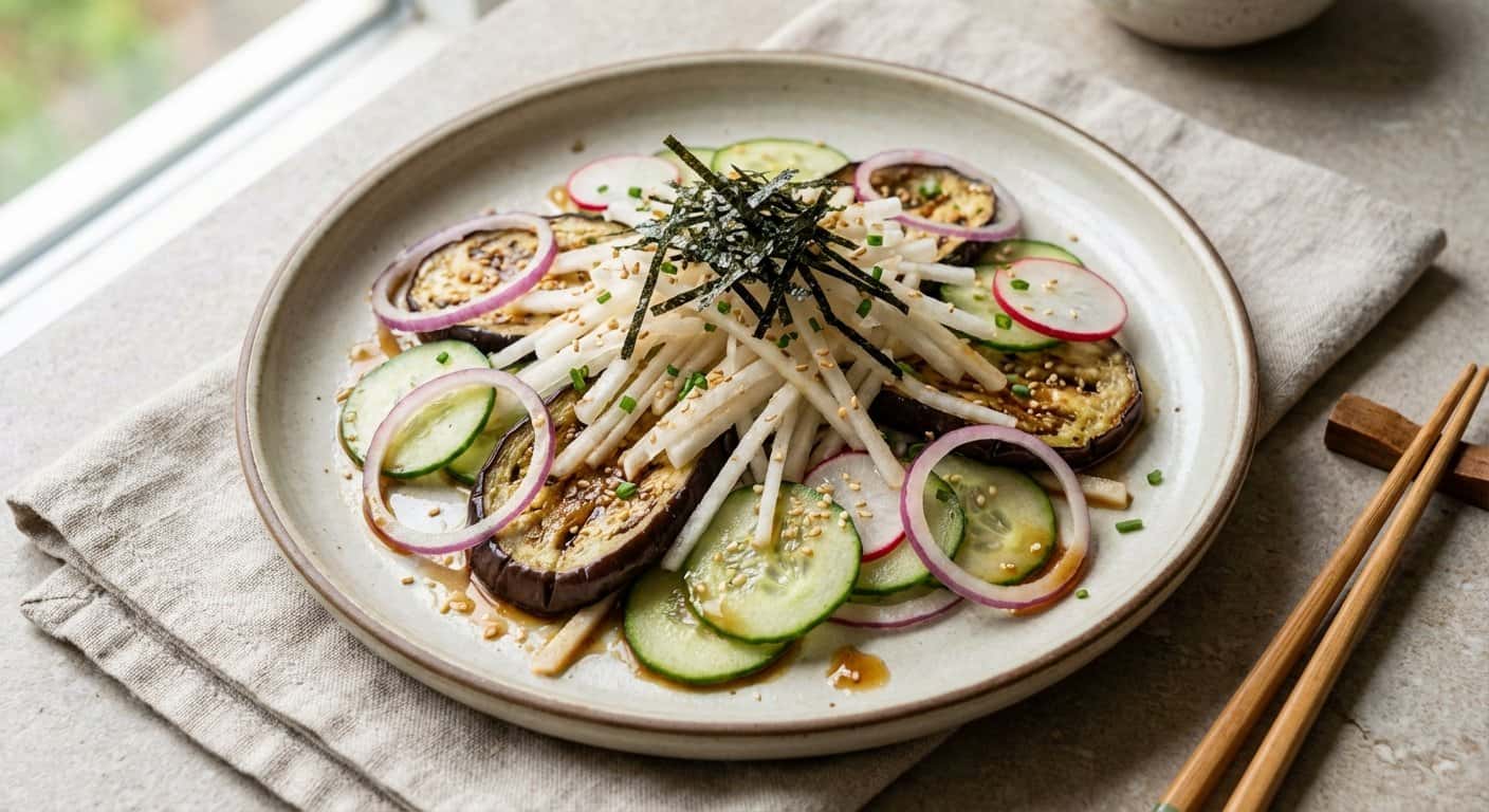Ensalada Japonesa de Daikon con Berenjena y Salsa de Soja