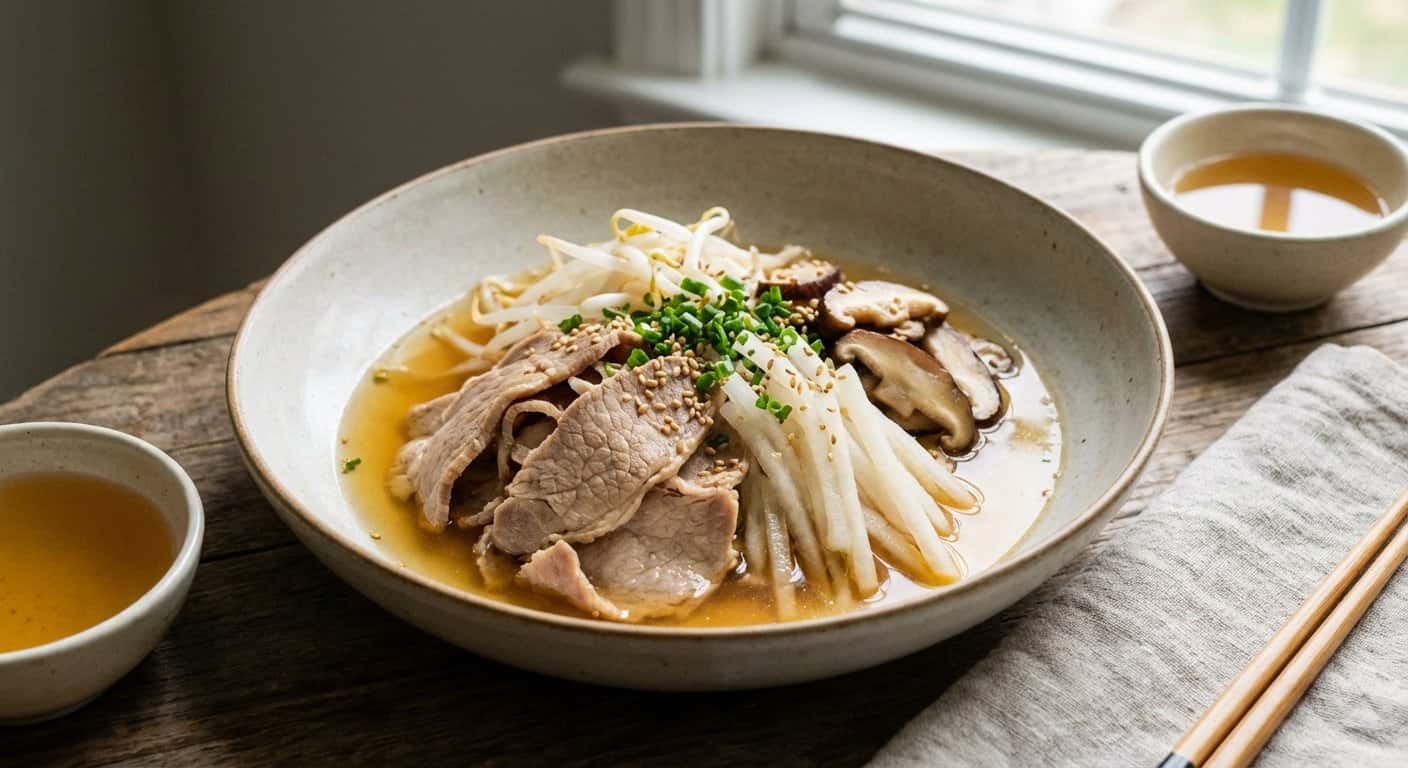 Ensalada japonesa de daikon con cerdo y dashi