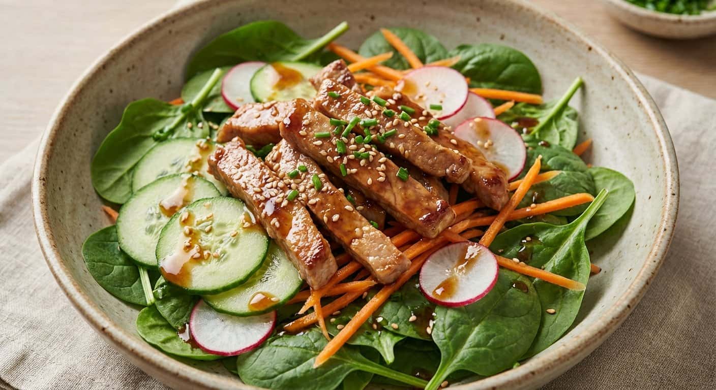 Ensalada Japonesa de Espinacas con Cerdo y Salsa Teriyaki