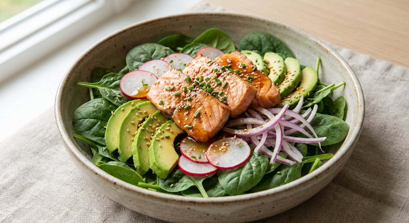 Ensalada japonesa de espinacas con salmón y salsa ponzu