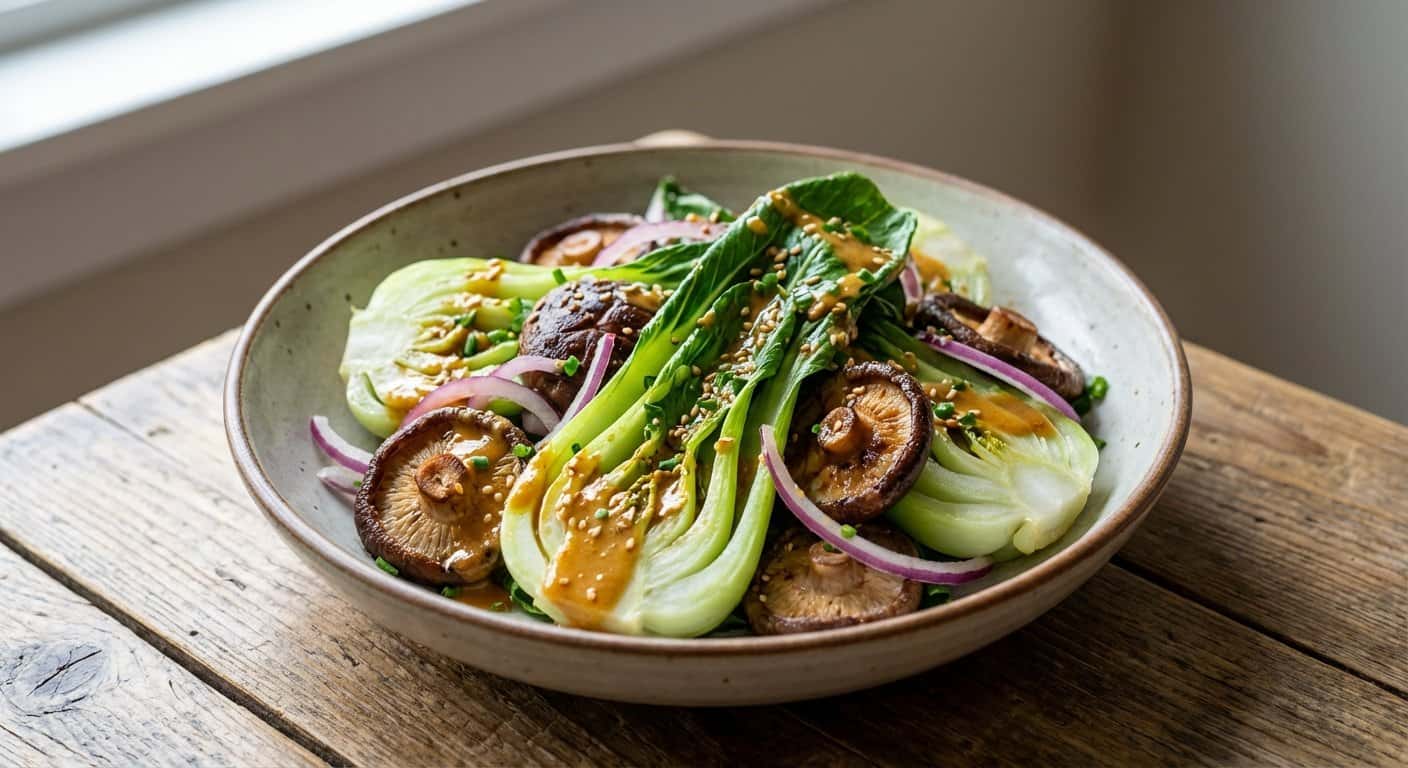 Ensalada Japonesa de Pak Choi con Setas Shiitake y Salsa de Sésamo