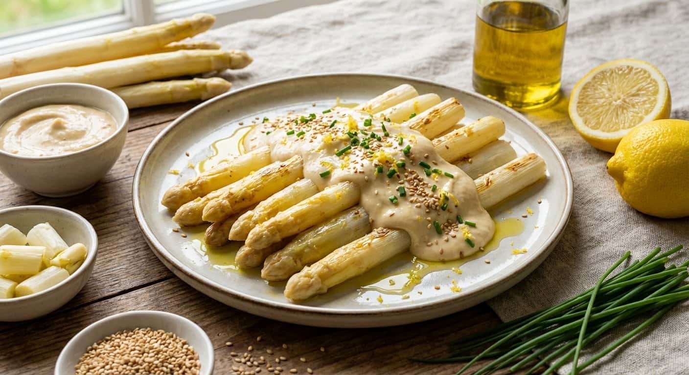 Ensalada templada de espárragos blancos con mayonesa de miso