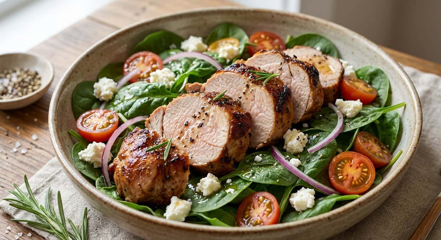 Ensalada templada de lomo de cerdo con espinacas y queso fresco