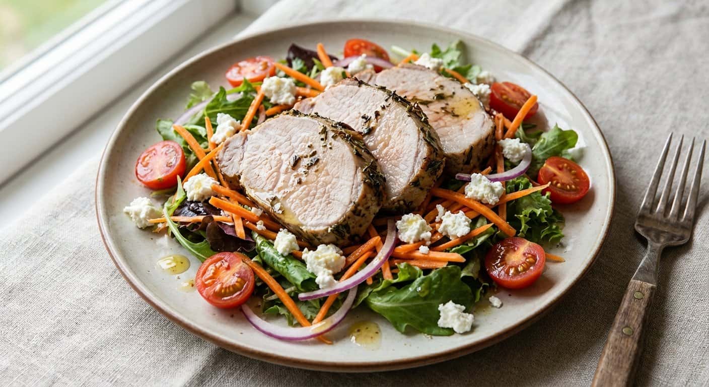 Ensalada Templada de Lomo de Cerdo con Zanahoria y Queso Fresco