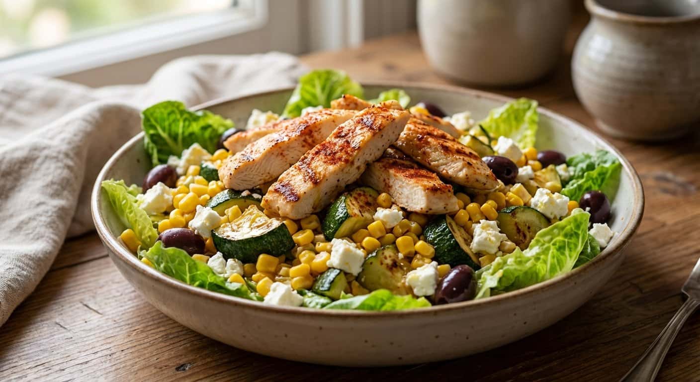 Ensalada templada de pollo con calabacín y maíz