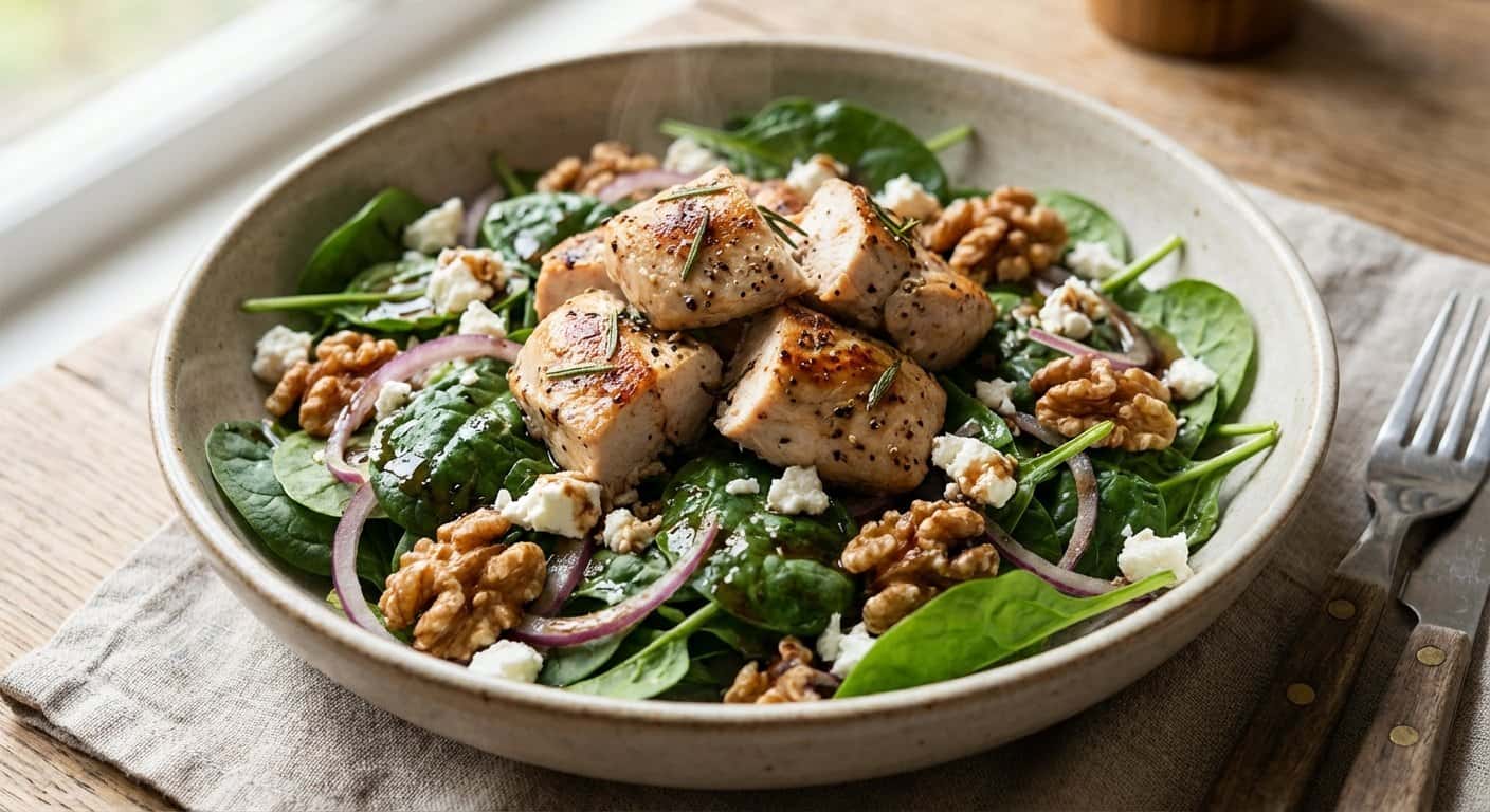 Ensalada templada de pollo con espinacas y nueces