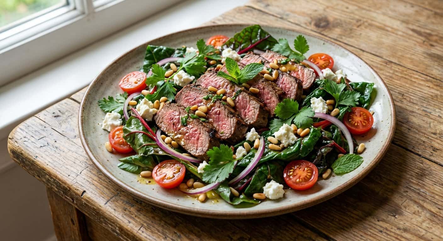 Ensalada templada de ternera a la plancha con acelgas y hierbas frescas