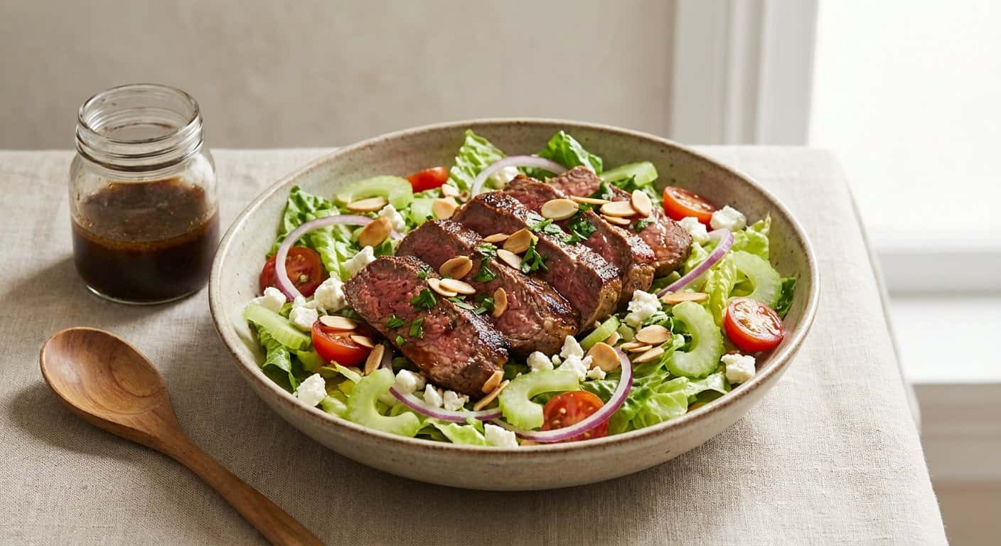 Ensalada templada de ternera a la plancha con apio y almendras