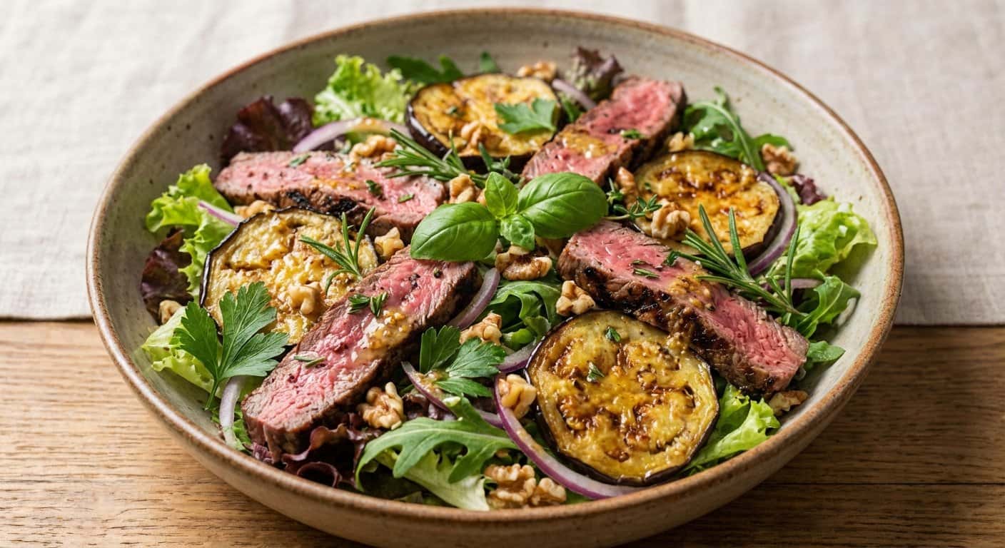 Ensalada Templada de Ternera a la Plancha con Berenjena y Hierbas Frescas