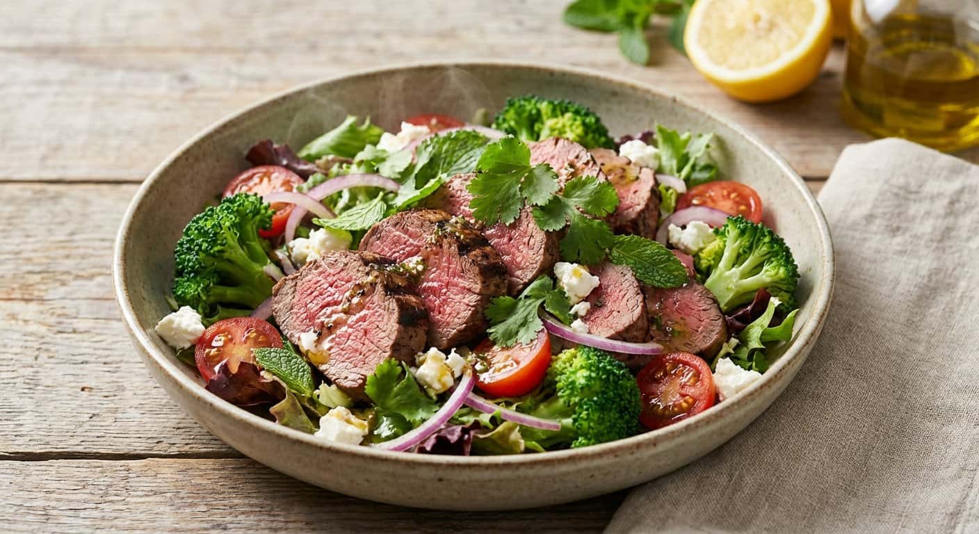 Ensalada templada de ternera a la plancha con brócoli y hierbas frescas
