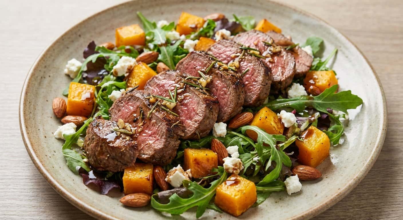 Ensalada templada de ternera a la plancha con calabaza y almendras