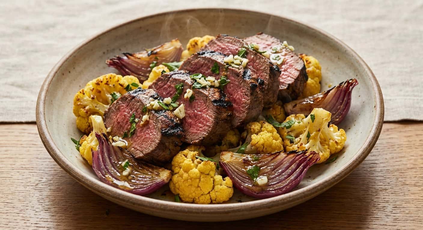 Ensalada Templada de Ternera a la Plancha con Coliflor y Cebolla Morada